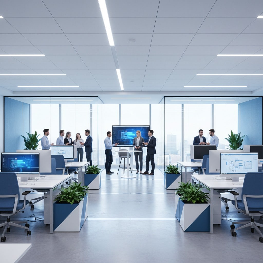 Several employees collaborate in a modern, brightly lit office with large windows, glass partitions, and open-plan workstations.