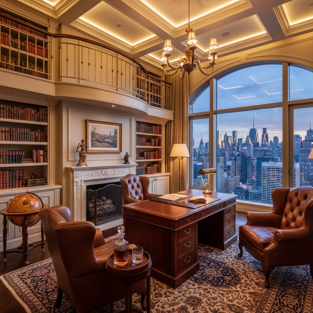 A luxurious two-story home library features a wooden desk, leather armchairs, built-in bookshelves, a fireplace, and a large arched window with a city skyline view.