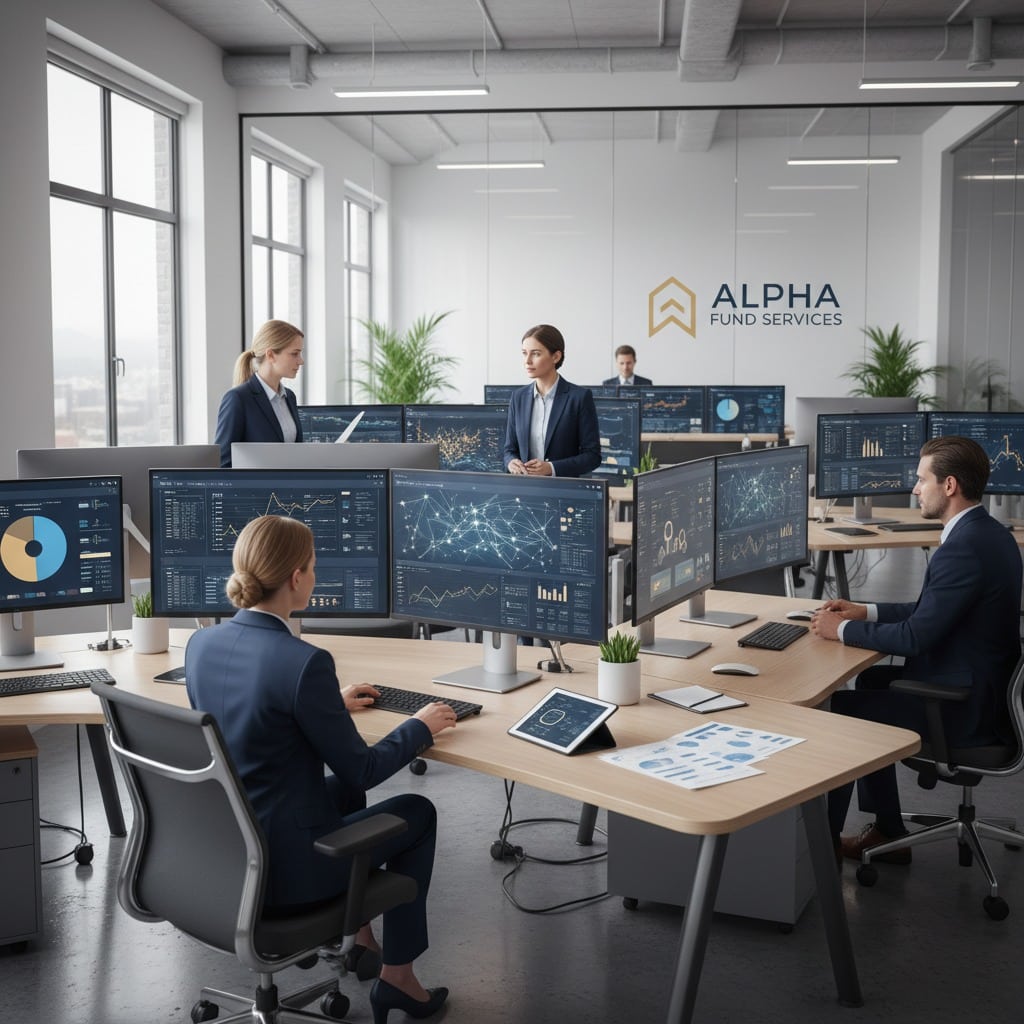 Professionals analyze financial charts and data on multiple computer screens in a modern, brightly lit open-plan office.